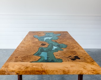 Big Leaf Maple River Dining Table | Black Walnut Legs | Glass | Handmade Live Edge River Table