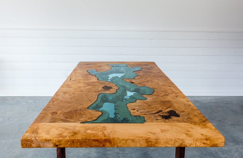 Big Leaf Maple River Dining Table Black Walnut Legs Glass Handmade Live Edge River Table image 1