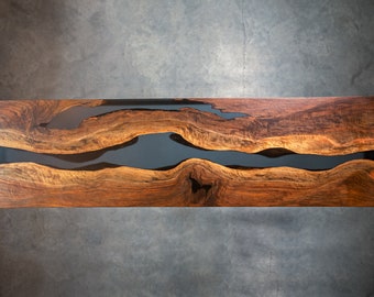 Handmade Bastogne Walnut Live Edge Resin Console Table | Resin Desk | Modern Square Steel Base | Smoke Resin |