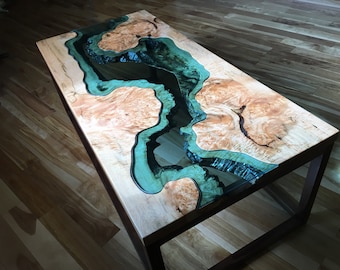 Handmade Big Leaf Maple River Coffee Table | Black Walnut Base | Live Edge | Home Decor