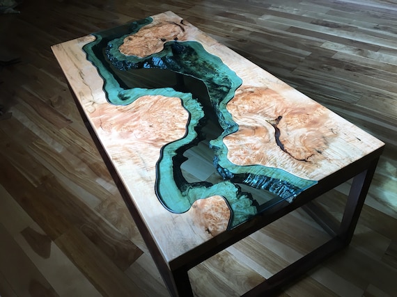 Big Leaf Maple River Coffee Table Black Walnut Base Big Leaf Maple River Coffee Table Black, Blue Leaf Glass Top Coffee Table