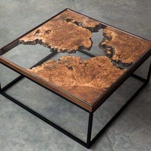 Maple Burl Live Edge Coffee Table | The Divide Series | Modern Square Steel Base | Tempered Glass | Handmade