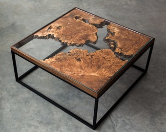 Maple Burl Live Edge Coffee Table | The Divide Series | Modern Square Steel Base | Tempered Glass | Handmade