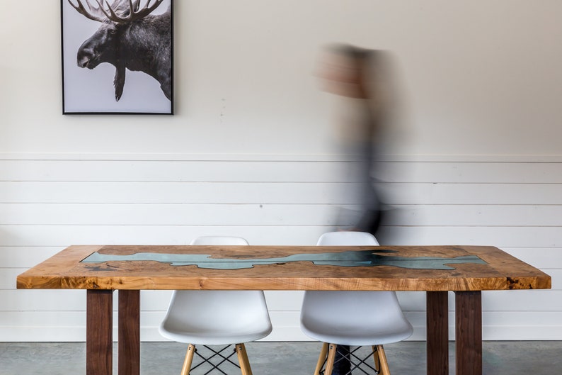 Big Leaf Maple River Dining Table Black Walnut Legs Glass Handmade Live Edge River Table image 4