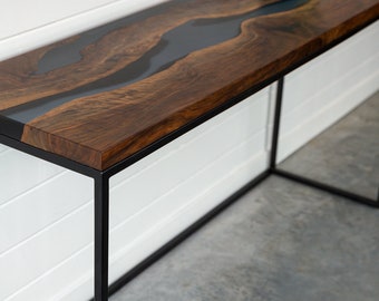 Handmade Bastogne Walnut Live Edge Resin Console Table: Modern Steel Base