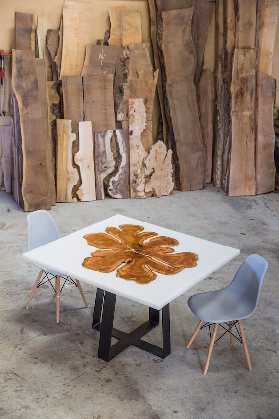 Handmade Cedar Live Edge Resin Dining Table with Steel Base