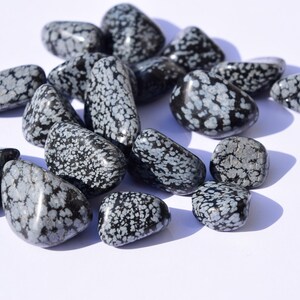May include: A collection of tumbled snowflake obsidian stones. The stones are black with white snowflake patterns.