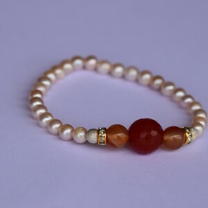 Carnelian Pearl Bracelet with Silver - Freshwater Pearls with Silver Parts - Jewelry with Healing Stone - Silver Parts - Gift for Girlfriend - Strength