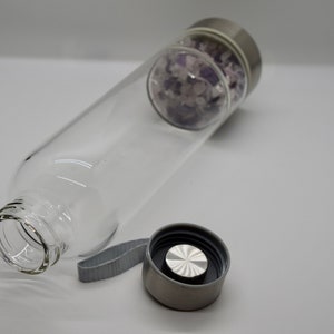 Glass drinking bottle water stones - amethyst - rock crystal - rose quartz - water stones - better water quality - drinking container water bottle