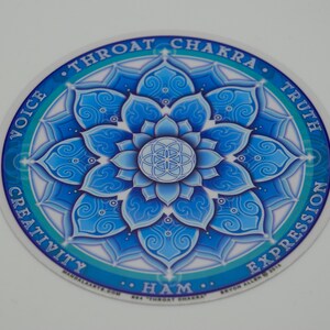 Puede incluir: Una pegatina circular azul y blanca con un diseño de mandala. La pegatina presenta las palabras "Throat Chakra", "Voice", "Creativity", "Truth", "Expression" y "Ham".