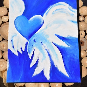 Acrylic paint-Acrylic painting-heart with wings-friendship-love-wood canvas-wood plate painted-hope-royal blue-lovingly