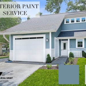 May include: A two-story house with a white garage door and blue siding. The house has a white trim and a gray roof. The house is surrounded by green grass and trees. The image includes a color swatch of the blue paint used on the house.