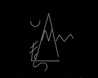 May include: A black and white line art design of a mountain with a crescent moon, a tree, and a wavy line. The text "Custom Sigil" is below the design.