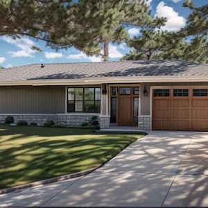 May include: A single-story house with a gray siding exterior, a brown wooden front door, and a brown wooden garage door. The house has a stone foundation and a green lawn.