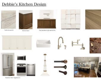 May include: A kitchen design inspiration board with various materials and finishes. The board includes a white countertop, a stained wood island, a white subway tile backsplash, a white porcelain sink, a stainless steel refrigerator, a stainless steel oven, a stainless steel dishwasher, a brass faucet, a brass pot filler, a white pendant light, and a wood floor.