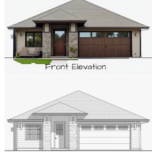 May include: A black and white line drawing of a house with a garage door, front door, and windows. The drawing is labeled "Front Elevation".