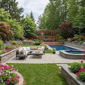 Könnte beinhalten: Eine Garten Terrasse mit einer Feuerstelle aus Stein, einem modularen Sofa und einem Schwimmbad mit Whirlpool. Die Terrasse ist von üppigem Grün und Blumen umgeben.