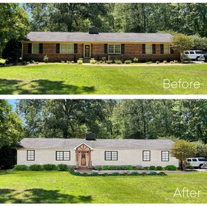 May include: Before and after photos of a brick house with a white painted exterior. The house has a long, rectangular shape with a single story. The front door is painted a dark brown color. The house is surrounded by green grass and trees.