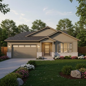 May include: A single-story house with a brown exterior, a gray roof, and a two-car garage. The house has a front porch with a door and a window. There is a small yard with green grass and flowers in front of the house.