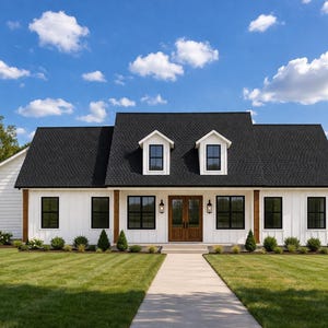 May include: A two-story white house with a black roof and a well-manicured lawn. The house has a symmetrical design with a central entrance and multiple windows. The sky is blue with fluffy white clouds.