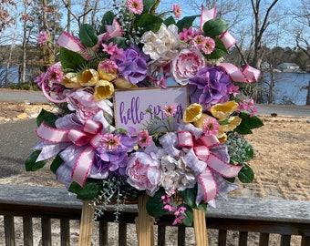 Hello Spring Pastel Floral Wreath, Pastel Floral Spring Wreath, Spring Wreath, Spring Grapevine Wreath, Spring Floral Grapevine Wreath.