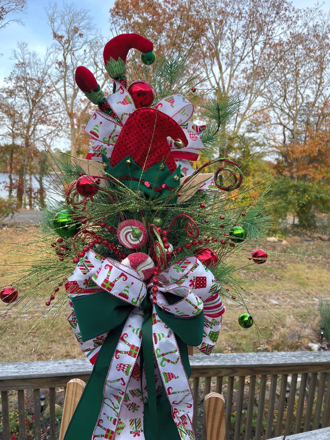 Elf Christmas Tree Topper, Whimsical Red and Green Holiday Decor ...