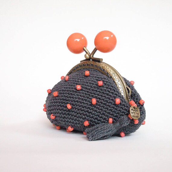 Crocheted With Little Transparent Beads Ladies Wallet Coin Purse Red Pink Clutch Kissing Clasp Card Holder Gift For Her Gift For Women