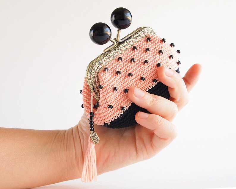 Rosa und schwarzes Gehäkelte Portemonnaie mit Kristallperlen | Etsy