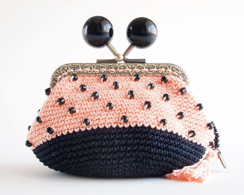 Rosa und schwarzes Gehäkelte Portemonnaie mit Kristallperlen | Etsy