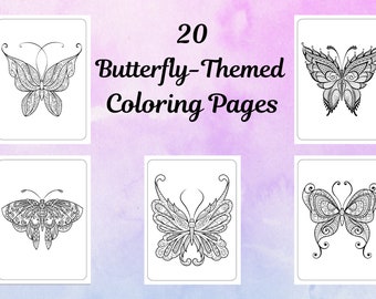 20 Adult Butterfly Themed Coloring Pages - Digital Download