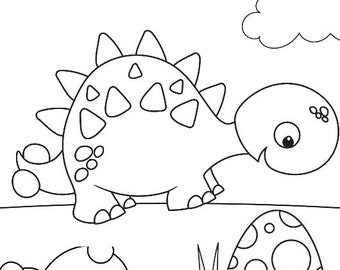 May include: A black and white line drawing of a dinosaur with a spotted egg, grass, and a bush. The dinosaur is walking towards the egg.