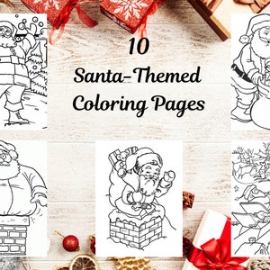 10 Christmas-Santa Themed Coloring Pages for Children- Digital Download