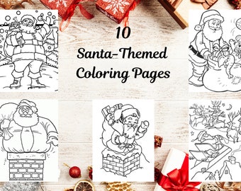 10 Christmas-Santa Themed Coloring Pages for Children- Digital Download
