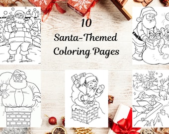 10 Christmas-Santa Themed Coloring Pages for Children- Digital Download