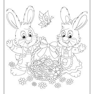 May include: Two black and white cartoon bunnies holding a basket of Easter eggs with a bow on top. The basket is filled with eggs and flowers. A butterfly is flying above the bunnies.