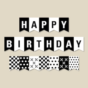 Black and White Birthday Banner, Birthday Party Decorations, Pennant Banner, Printable PDF file, INSTANT Download (#301)