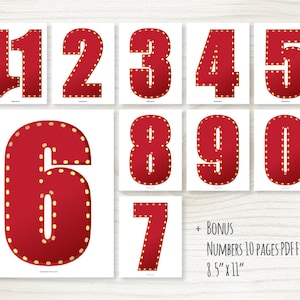 Może przedstawiać: Dziesięć stron do wydrukowania z czerwonymi cyframi z złotymi przeszyciami, każda cyfra na osobnej białej stronie. Cyfry mają rozmiar 8,5 cala na 11 cali.