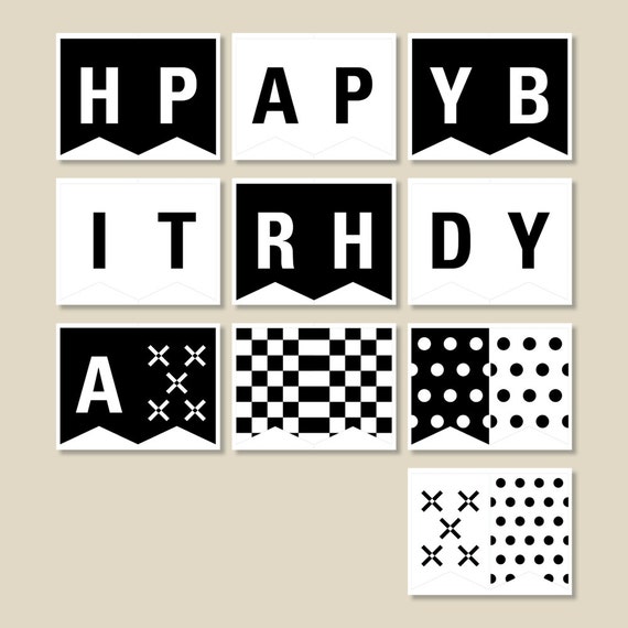 Black and White Birthday Banner, Birthday Party Decorations, Pennant  Banner, Printable PDF File, INSTANT Download 301 