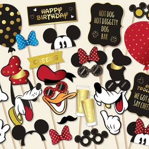 Accesorios para fotomatón de Mickey Mouse, decoraciones imprimibles para fiestas de cumpleaños, Minnie Mouse, Donald Duck, Goofy Pluto (#601)