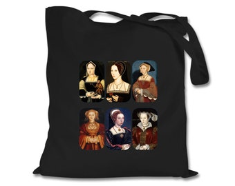 May include: Black tote bag with a collage of six portraits of women in Renaissance-era clothing. The women are wearing elaborate gowns and jewelry.