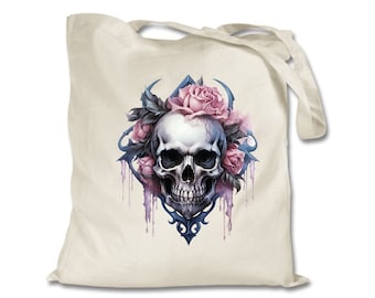 Draagtas schedel - draagtas grijnzende schedel - draagtas Day of the Dead - draagtas Skull and Roses - draagtas gotische schedel -