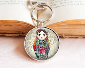 Matryoshka Doll Keychain, Russian Nesting Doll Floral Art Charm