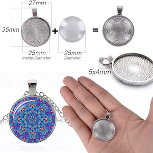 May include: A silver pendant with a 25 mm diameter glass cabochon. The pendant is 27 mm tall and has a 5x4 mm jump ring. The cabochon is clear and can be used to create custom jewelry.