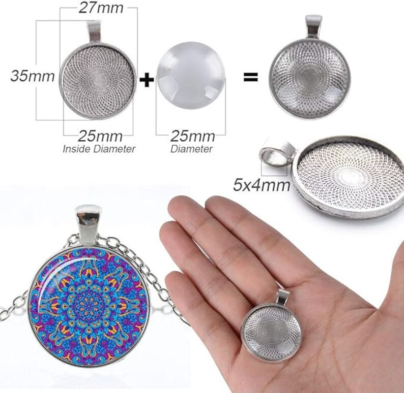 May include: A silver pendant with a 25 mm diameter glass cabochon. The pendant is 27 mm tall and has a 5x4 mm jump ring. The cabochon is clear and can be used to create custom jewelry.