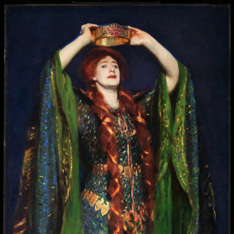 May include: A woman with long red hair wears a green and blue robe with gold accents. She holds a gold crown above her head with her arms raised.