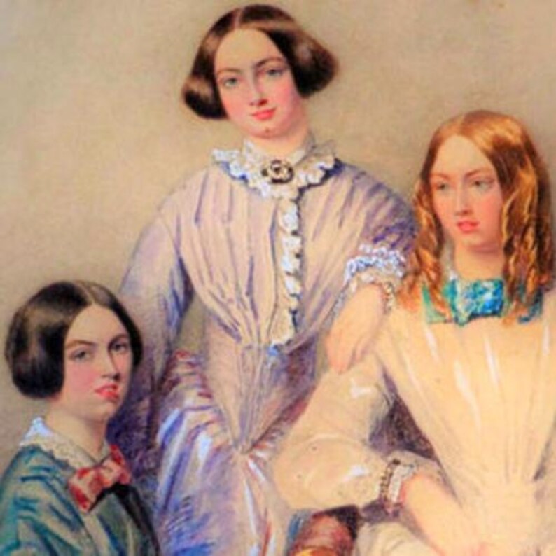May include: A painting of three women, two with light brown hair and one with dark brown hair. The woman in the center is wearing a light purple dress with a white lace collar and a white flower brooch. The woman on the left is wearing a dark blue dress with a white lace collar and a red bow. The woman on the right is wearing a white dress with a blue ribbon around her neck.