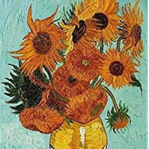 May include: A painting of a vase filled with sunflowers. The sunflowers are yellow with brown centers and green leaves. The vase is yellow and brown. The background is a light blue color.