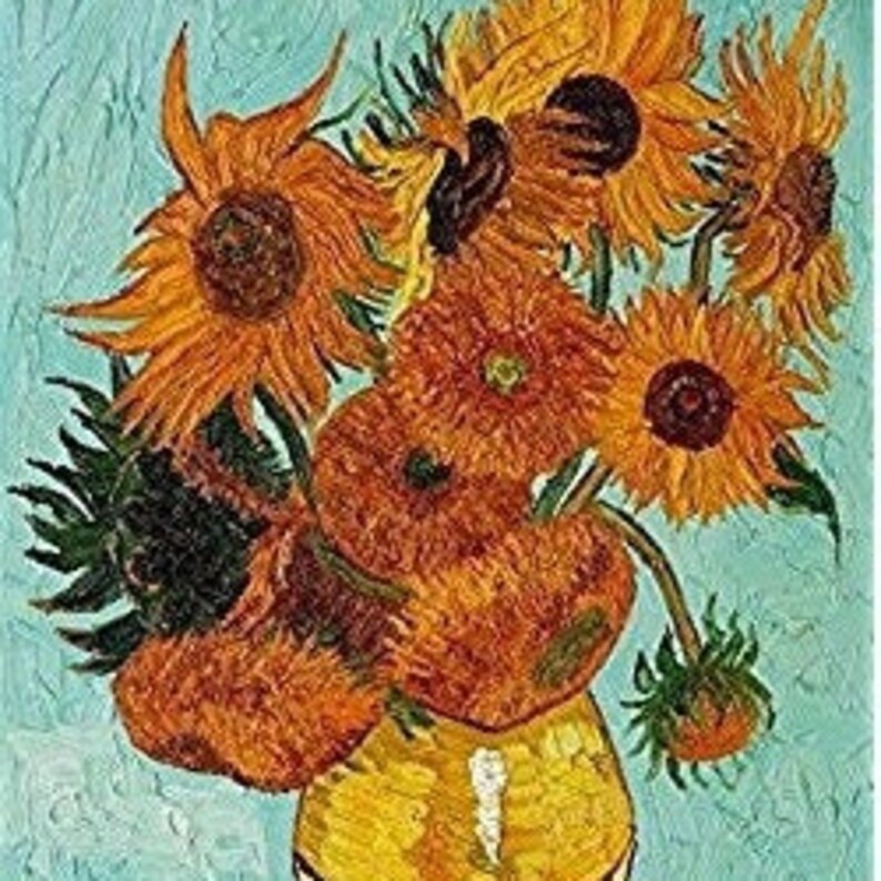 May include: A painting of a vase filled with sunflowers. The sunflowers are yellow with brown centers and green leaves. The vase is yellow and brown. The background is a light blue color.
