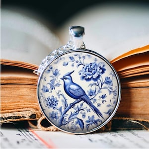 Delft Tile Bird Pendant Necklace: Blue Floral Jewellery
