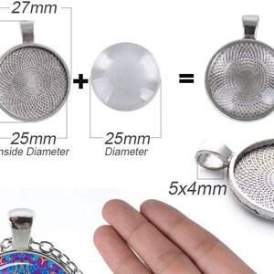 May include: Silver-toned pendant tray with a 25 mm inside diameter and a 27 mm outer diameter. The tray has a decorative pattern and a 5x4 mm loop for attaching a chain. A clear glass cabochon with a 25 mm diameter is shown next to the tray.